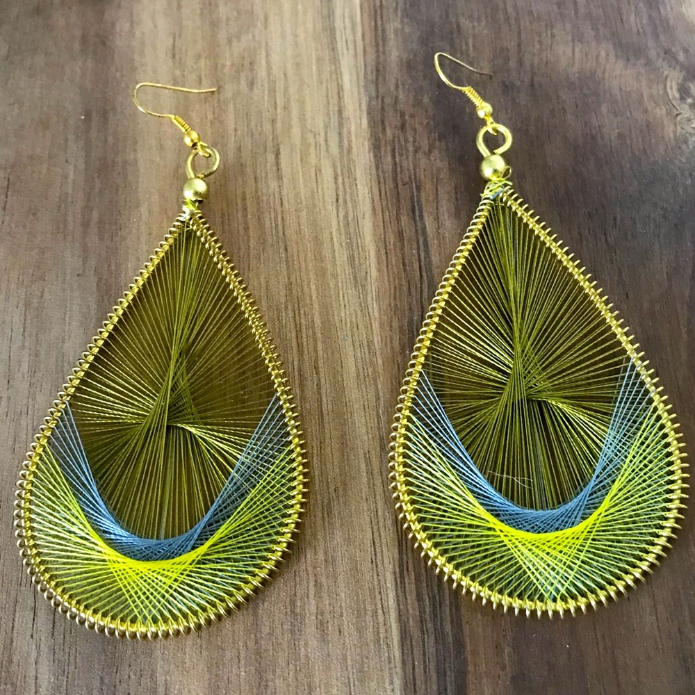 Boho Thread Green and Blue Earrings